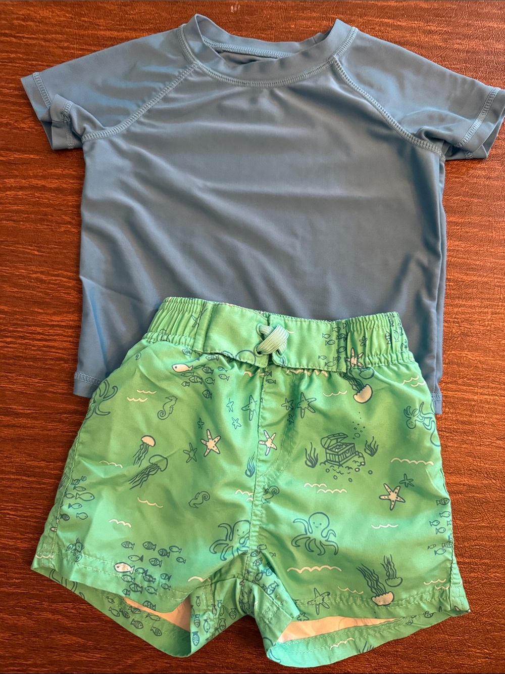 First Impressions Blue Rash Guard with Green Ocean Print Swim Shorts